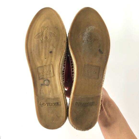 Gucci Marmont GG Hibiscus Red Leather Slip On Mules Espadrille Flats 37 - Picture 10 of 11